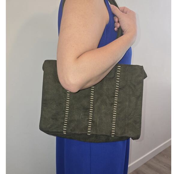 Olive Green Faux Suede Tote Shoulder Bag Whipstitch Boho Y2K Soft Carryall Purse - Picture 9 of 9